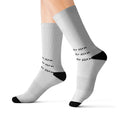 White Sublimation Crew Socks with Repeating 'poki' Script — Custom Graphic Socks