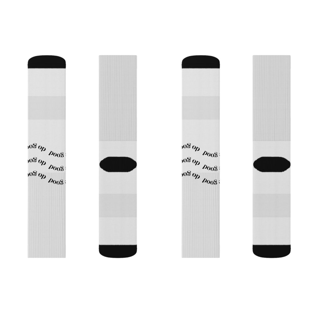 White Sublimation Crew Socks with Repeating 'poki' Script — Custom Graphic Socks
