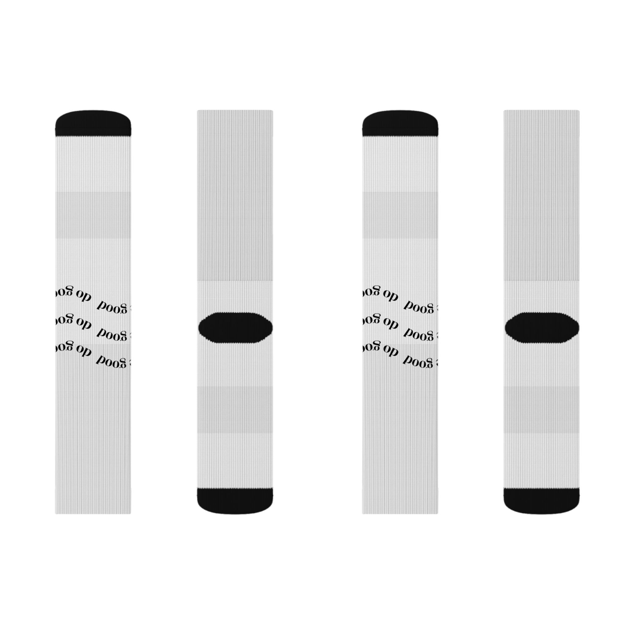 White Sublimation Crew Socks with Repeating 'poki' Script — Custom Graphic Socks