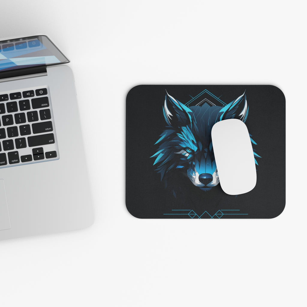 Blue Neon Wolf Gaming Mouse Pad — Rectangular RGB-Style Desk Mat