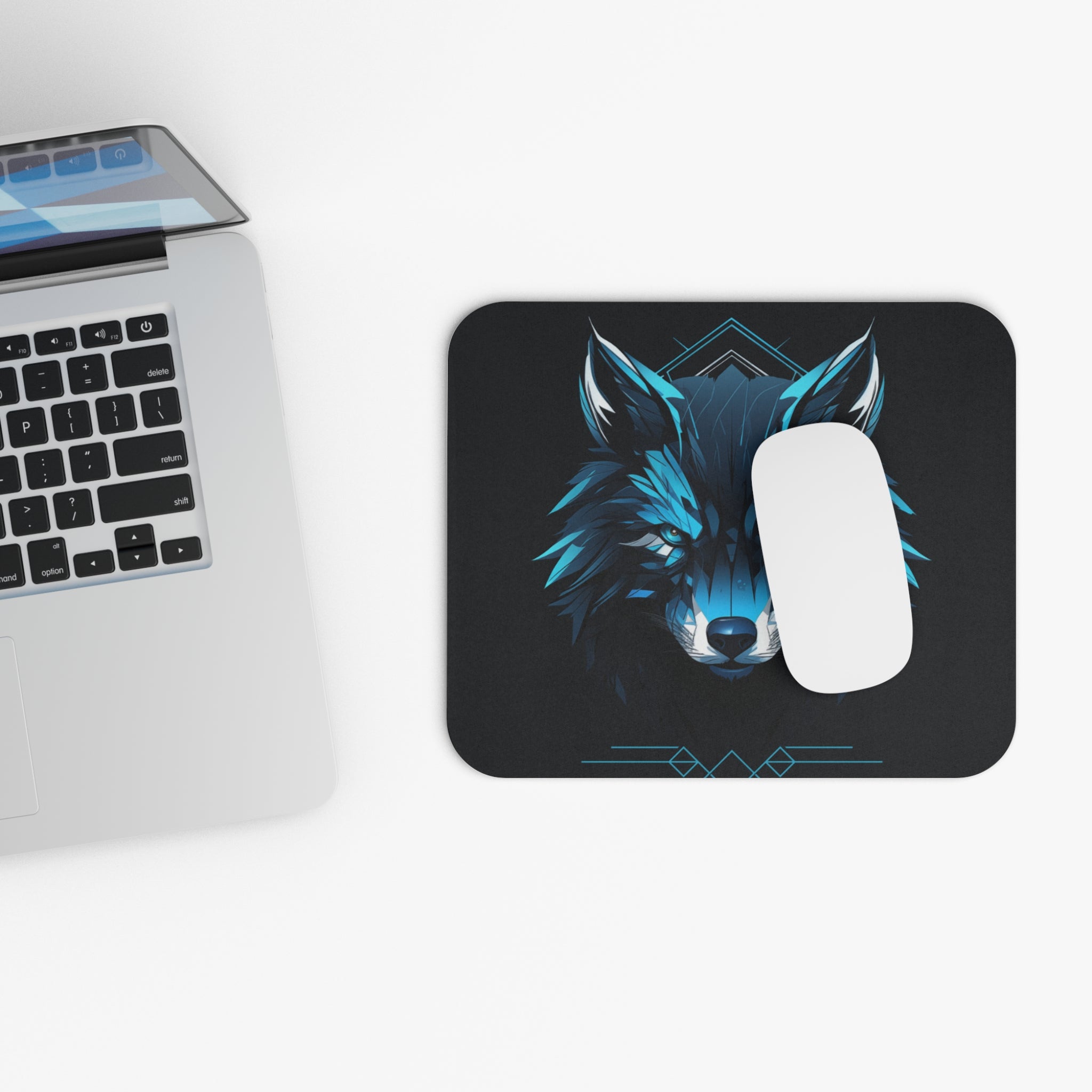 Blue Neon Wolf Gaming Mouse Pad — Rectangular RGB-Style Desk Mat