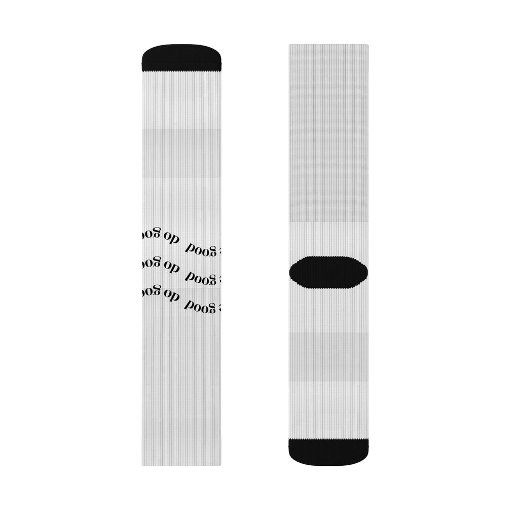White Sublimation Crew Socks with Repeating 'poki' Script — Custom Graphic Socks