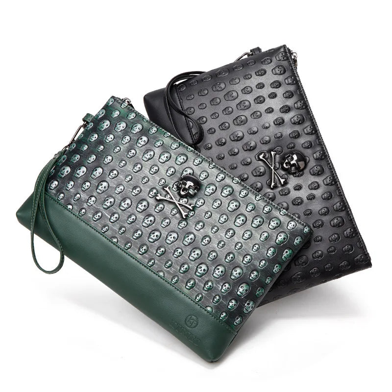 Annmouler Brand Design Men Handbag Skull Embossed Wrist Bag Luxury Punk Style Clutch Bag 2022 Gothic Skeleton Underarm Bag