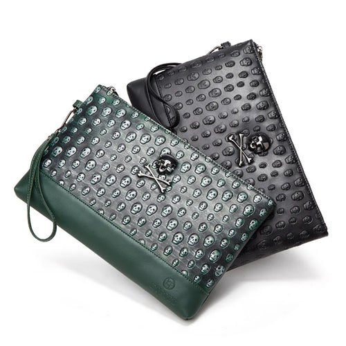 Annmouler Brand Design Men Handbag Skull Embossed Wrist Bag Luxury Punk Style Clutch Bag 2022 Gothic Skeleton Underarm Bag