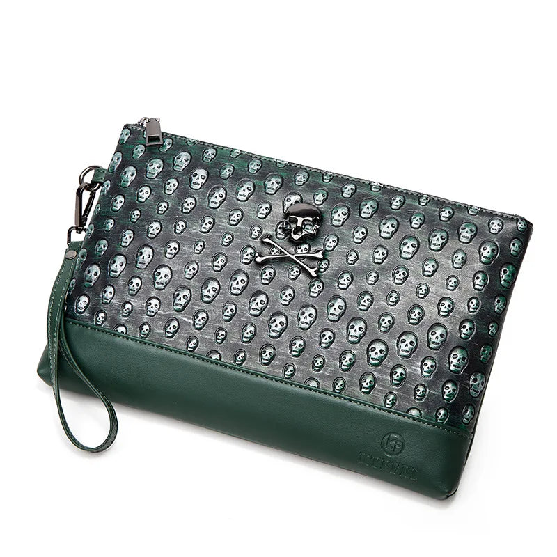Annmouler Brand Design Men Handbag Skull Embossed Wrist Bag Luxury Punk Style Clutch Bag 2022 Gothic Skeleton Underarm Bag